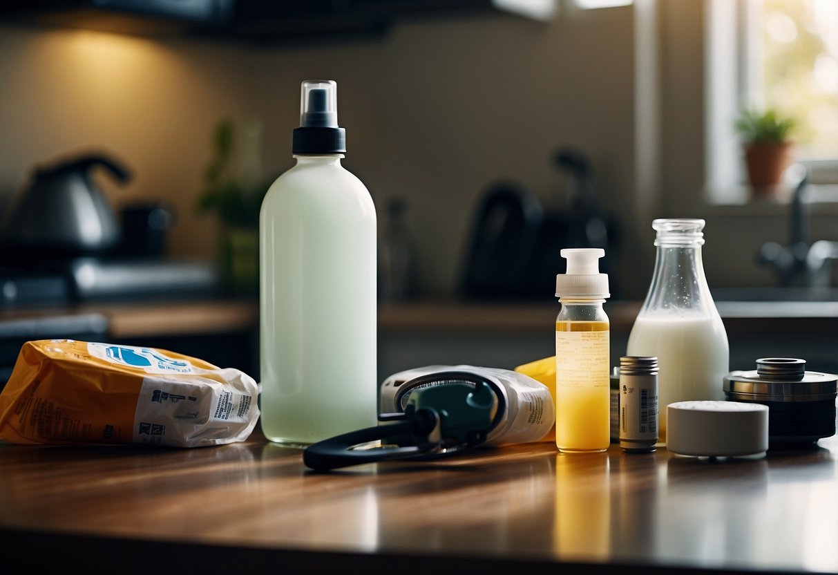 A kitchen counter cluttered with a bottle of bleach, a sharp knife, a pack of batteries, a hot iron, and a bottle of medication