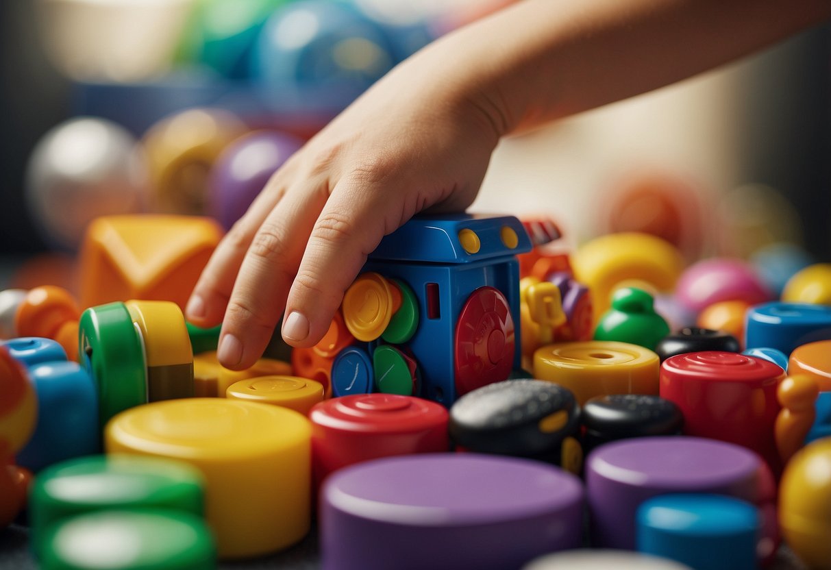 A child's hand reaching for a set of colorful magnetic toys on a low shelf, next to a variety of other potentially dangerous household items