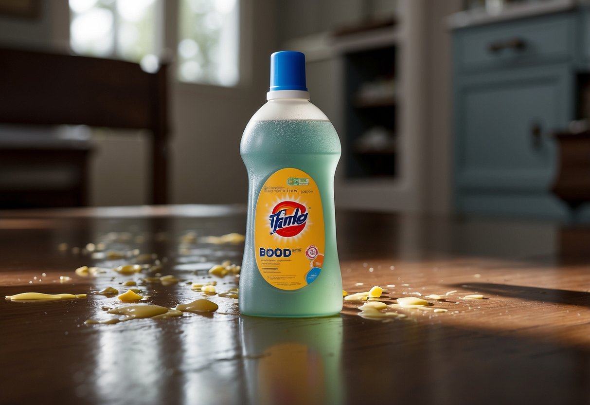 A spilled bottle of liquid detergent with a child's toy nearby. Cabinet doors are open, and a child's handprint is visible on the bottle