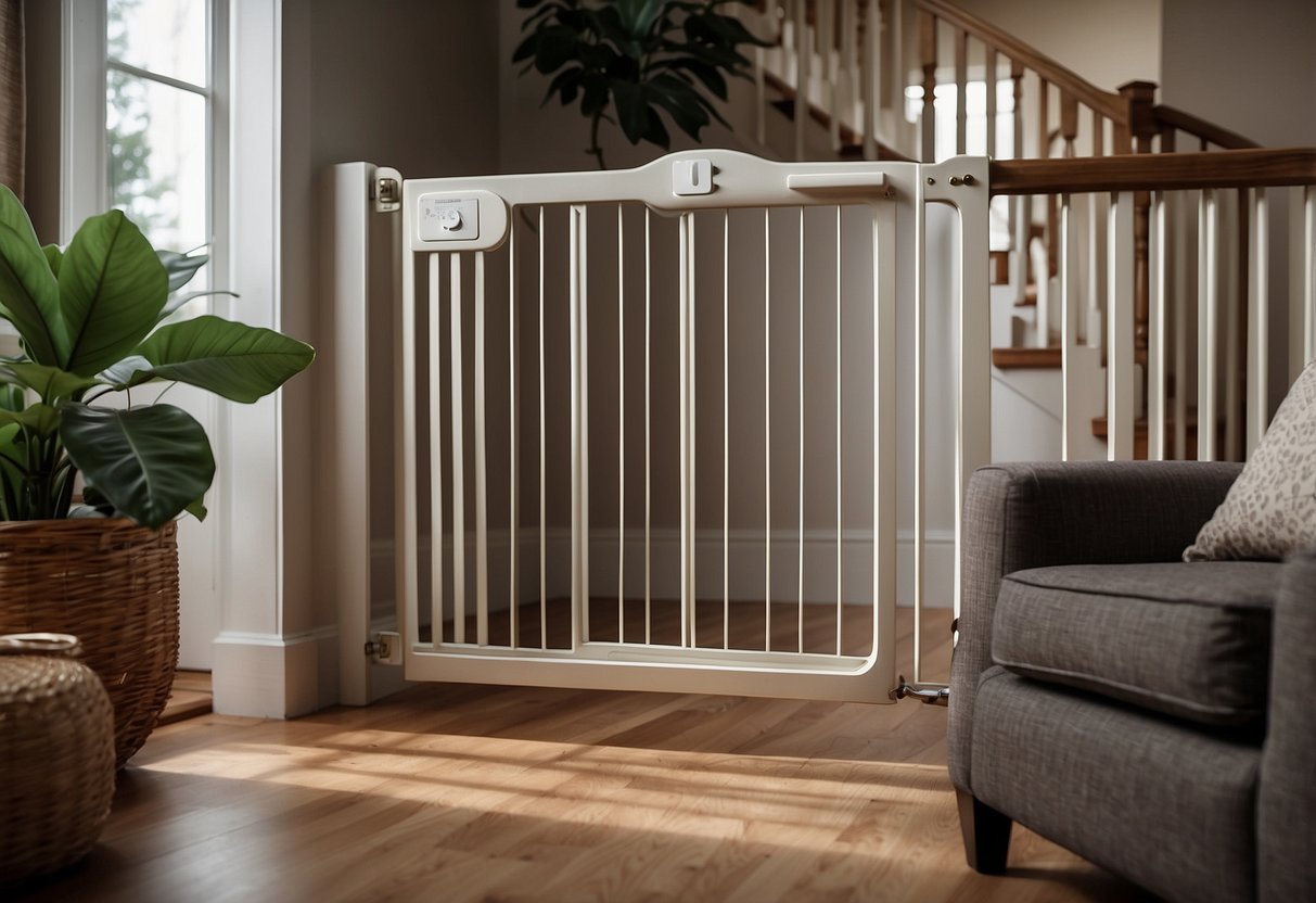 A cozy living room with furniture secured to walls, cabinet locks, outlet covers, and soft corner protectors. A safety gate blocks stairs, while window guards and door knob covers ensure childproofing