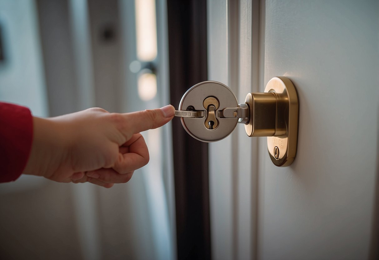 A hand reaches for a cabinet lock, while a key unlocks another. A childproofed home with various safety measures in place