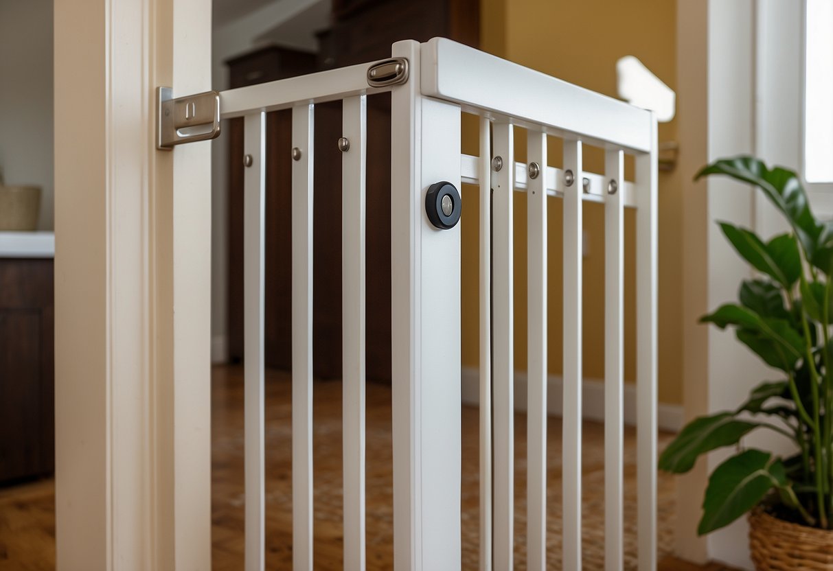 A pressure-mounted baby gate secures a doorway in a rented home. Other childproofing hacks are visible, such as cabinet locks and outlet covers