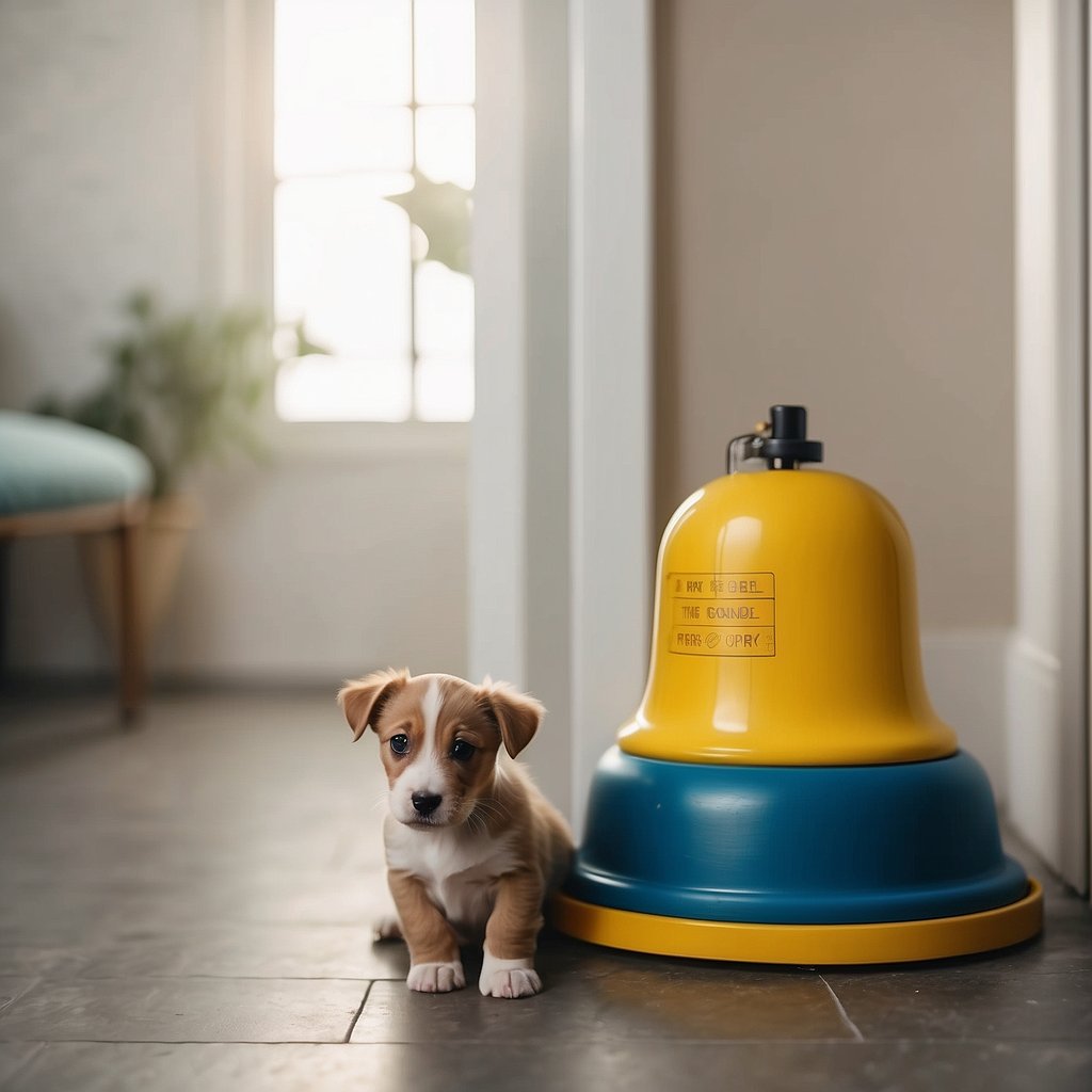 A puppy sits by a door with a bell attached. Nearby, a pee pad and a crate with an open door. The puppy looks at a schedule on the wall with designated feeding and potty times