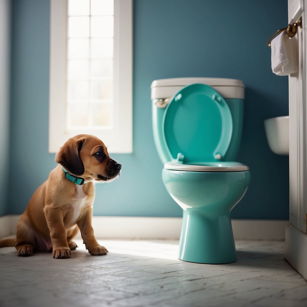 A playful puppy sniffs around a designated potty area. A clean indoor accident-free space contrasts with a messy, soiled area