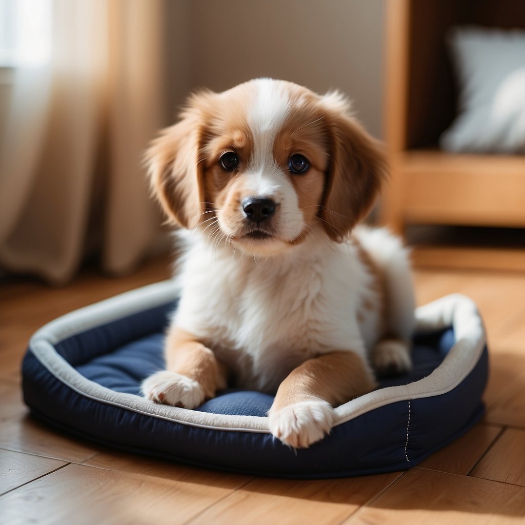 A puppy sits on a puppy pad in a clean, spacious room with toys and a cozy bed. A bowl of water and food is nearby