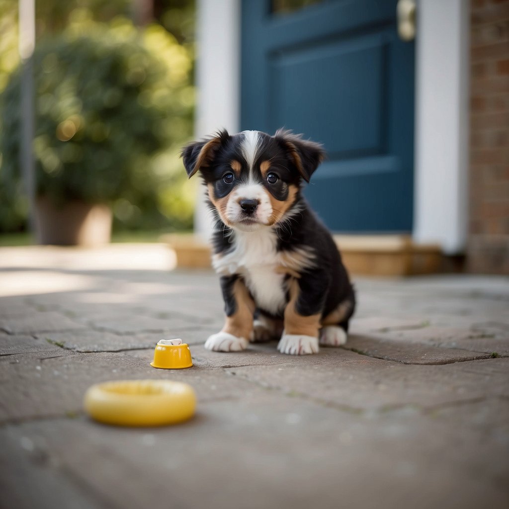 A puppy successfully using a designated potty area, receiving praise and a treat from the owner