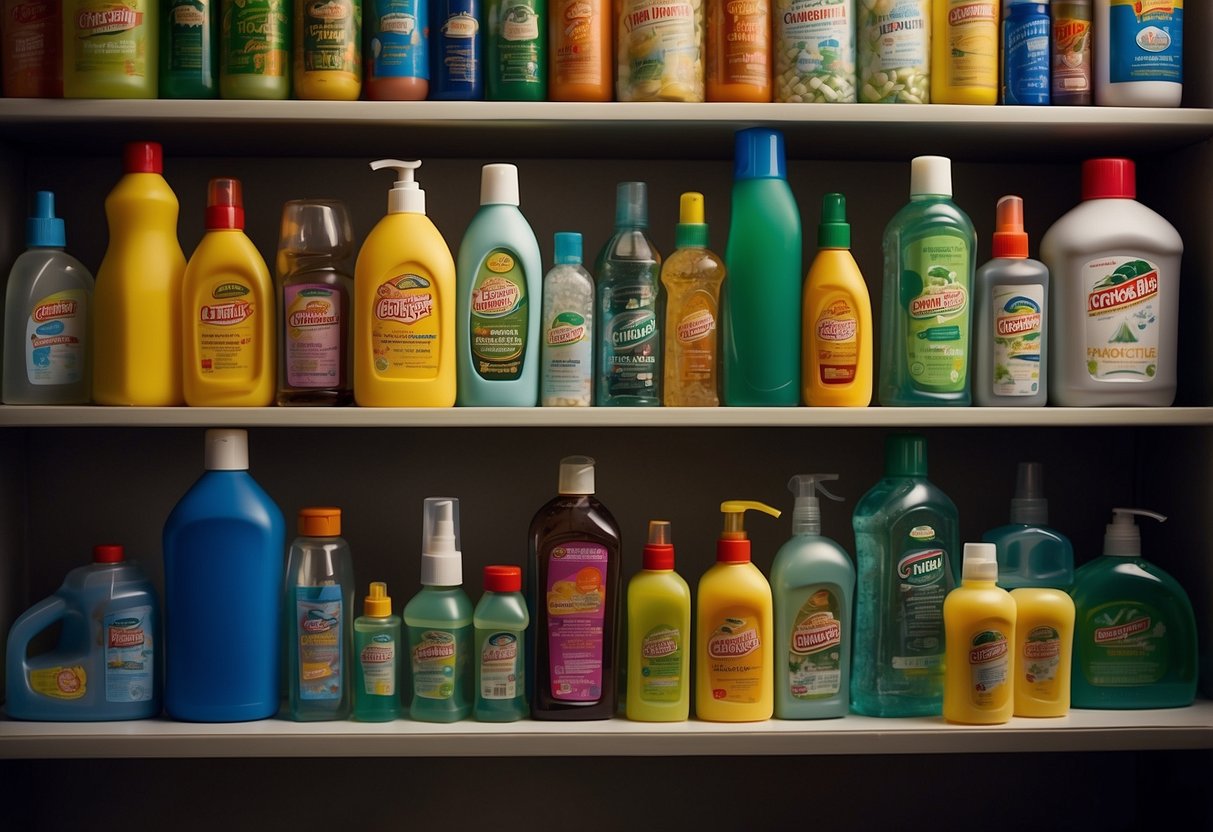 A cluttered shelf holds open bottles of toxic cleaning supplies within reach of a child. The room appears disorganized and unsafe for children