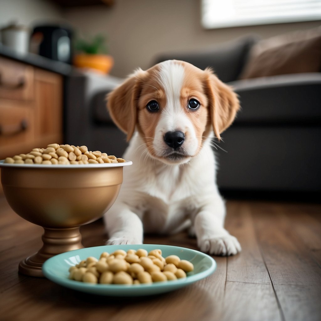 A puppy eagerly follows a trail of treats leading to a designated potty area, while a bowl of healthy dog food sits nearby