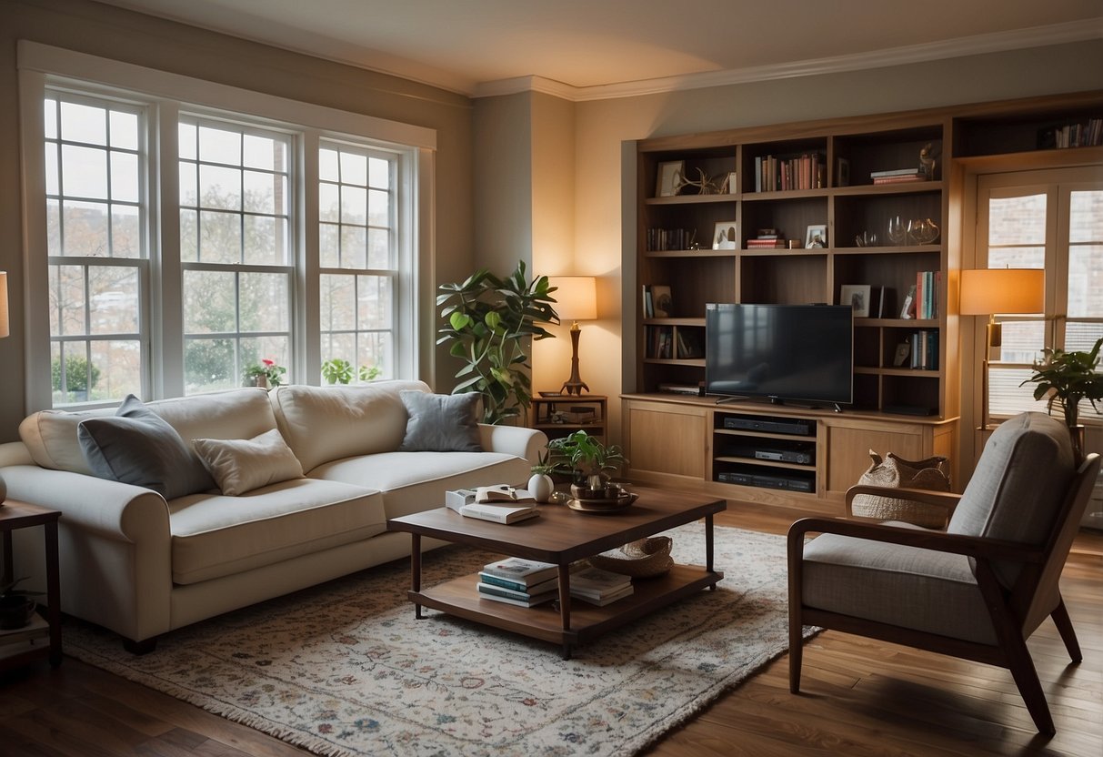 A living room with a coffee table and bookshelves, all featuring sharp corners and edges. Toys and small objects are scattered around, indicating a lack of childproofing