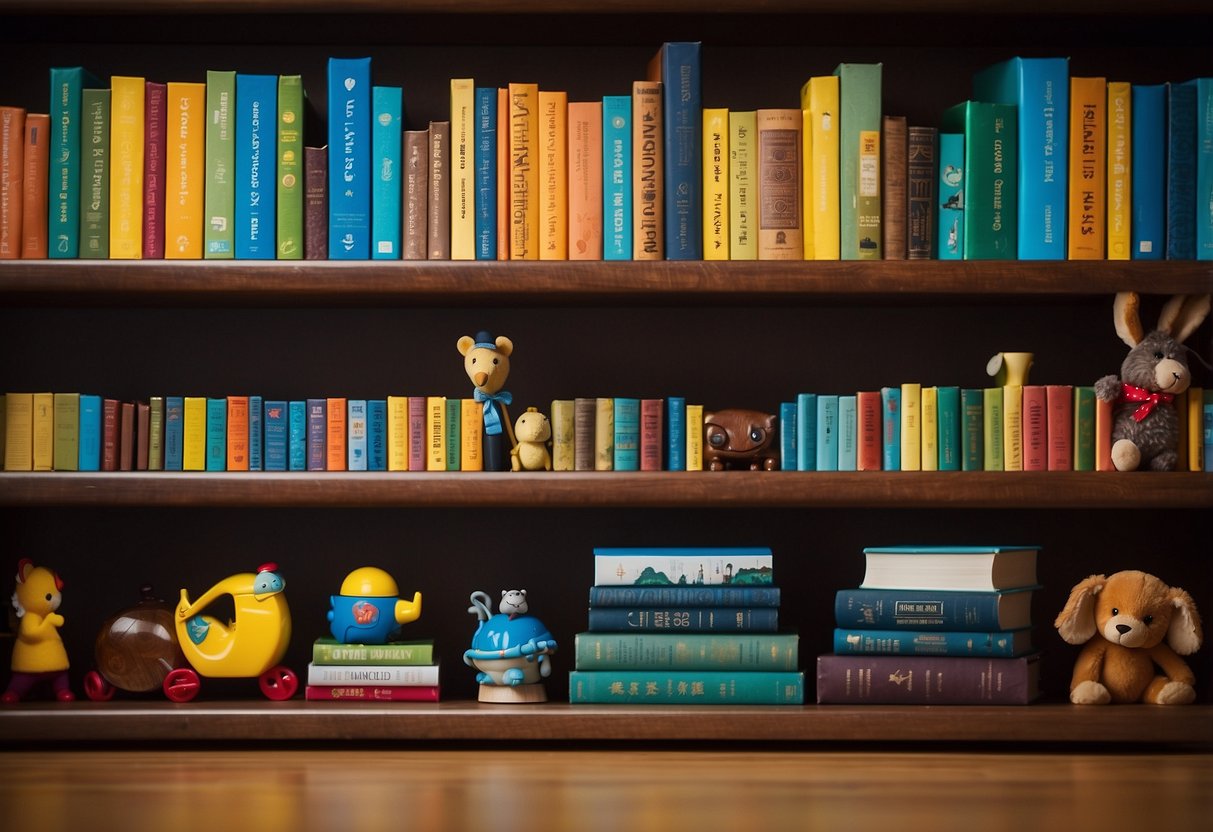A row of unsecured bookshelves leans precariously, with books and knick-knacks teetering on the edge. A child's toy lies on the floor below, hinting at potential danger