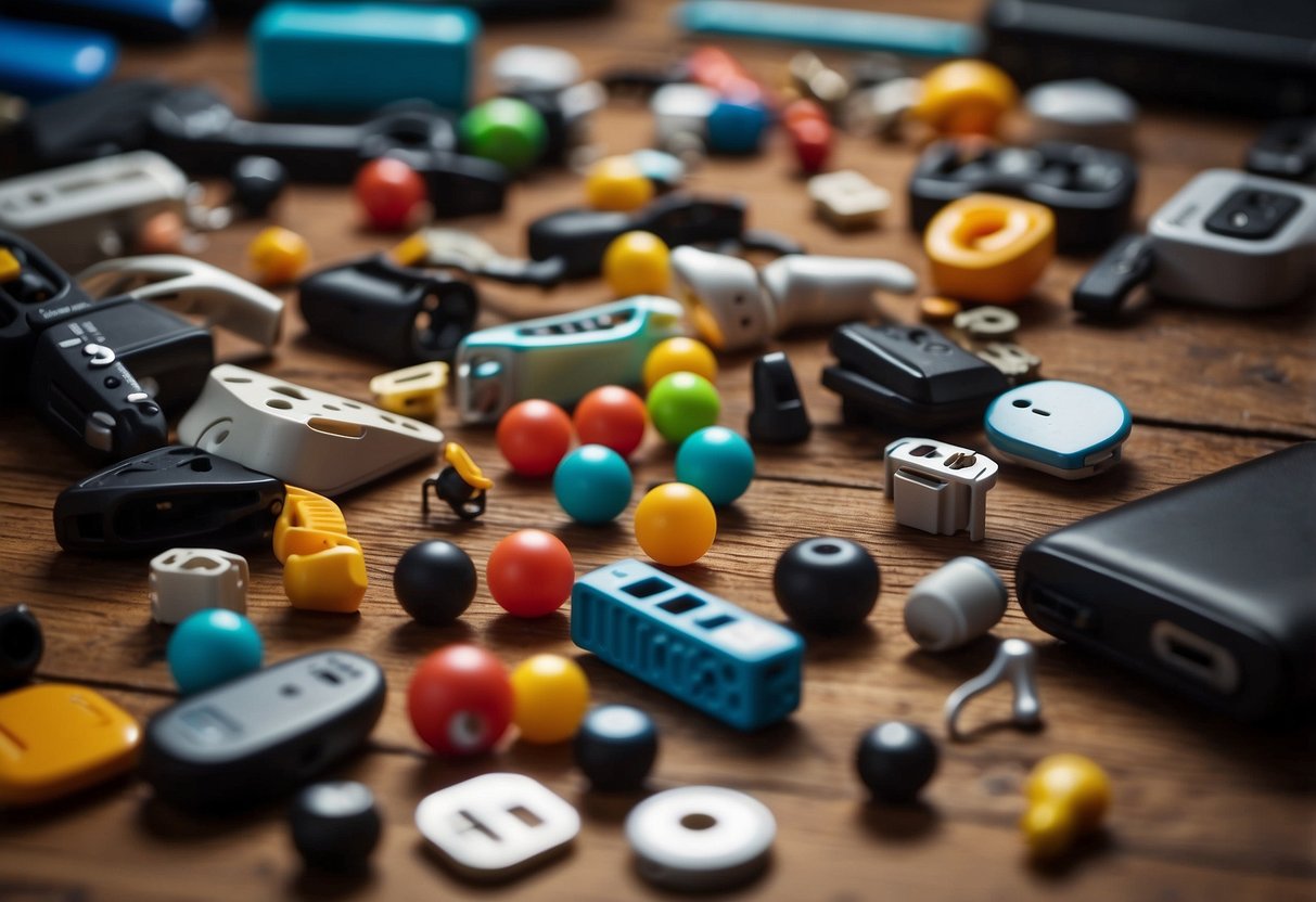 Various small objects scattered on the floor, including sharp toys, open outlets, and unsecured furniture. Hazards are present despite the assumption of childproofing