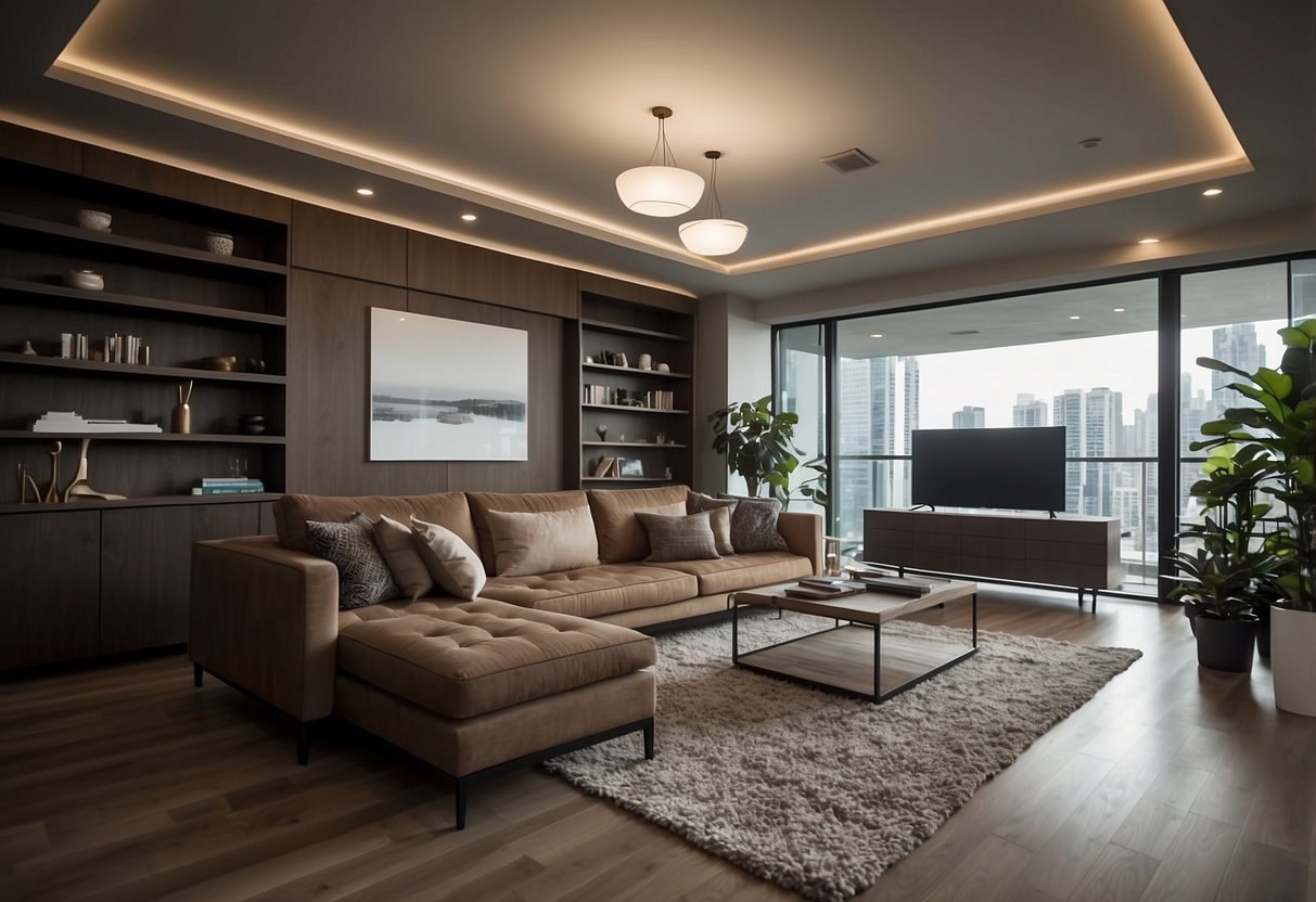 A living room with long cords within reach of a low table, sharp corners on furniture, unlocked cabinets, and open electrical outlets