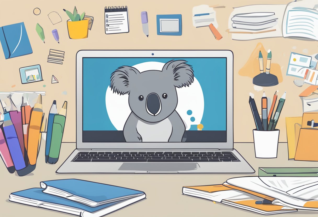 A laptop open with Koala.sh website on screen, surrounded by notebooks and pens. Research materials scattered around