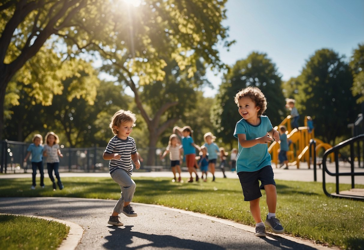 Children playing in a park, a parent pointing to safety signs. Trees, playground equipment, and a clear blue sky in the background