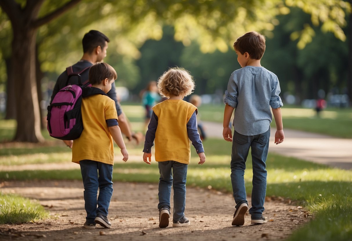 Children playing in a park, a sign with "Don't talk to strangers" displayed. Parents teaching safety tips in the background