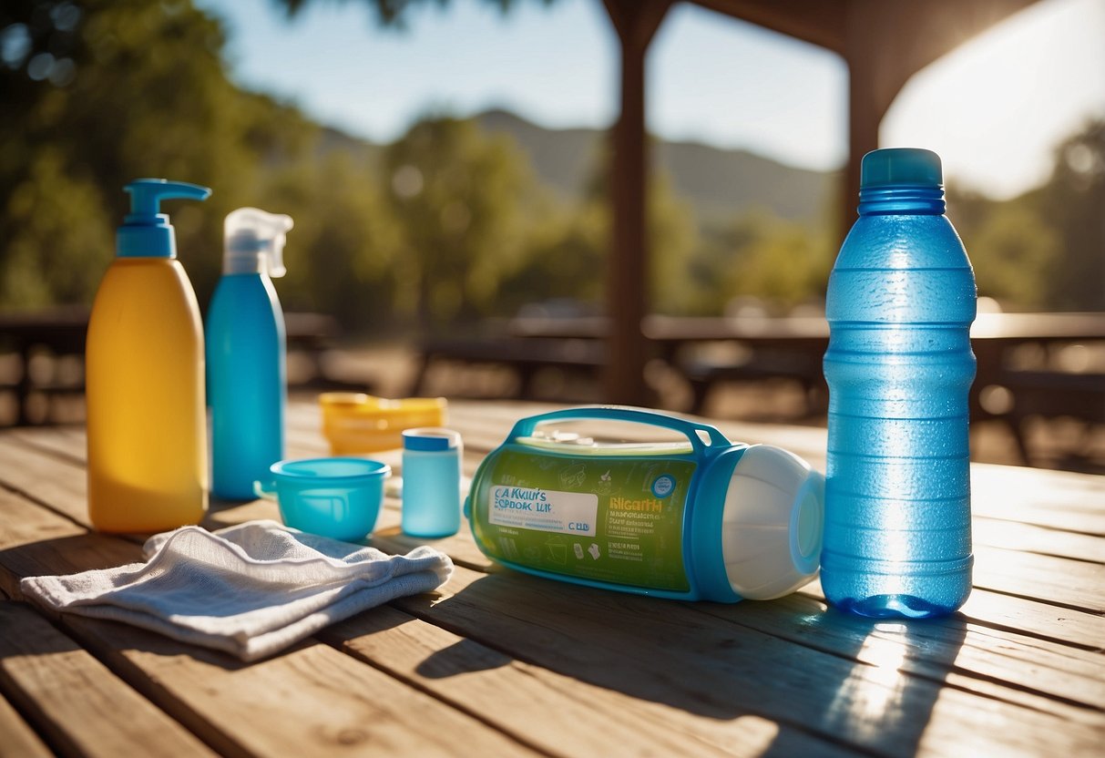 A child's water bottle sits on a picnic table surrounded by sunscreen, a first aid kit, and a map. The sun shines brightly overhead as a reminder to stay hydrated