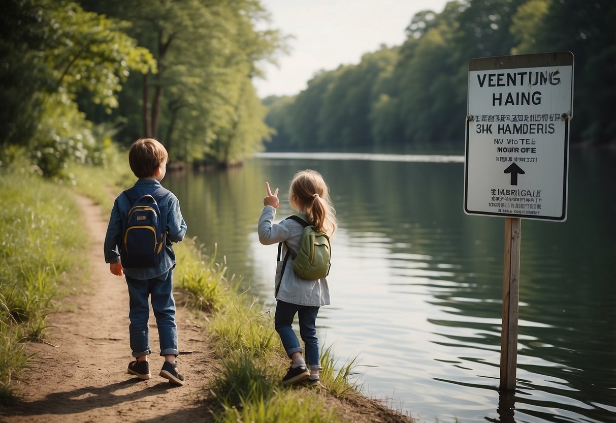 Children near water with warning sign, parent pointing