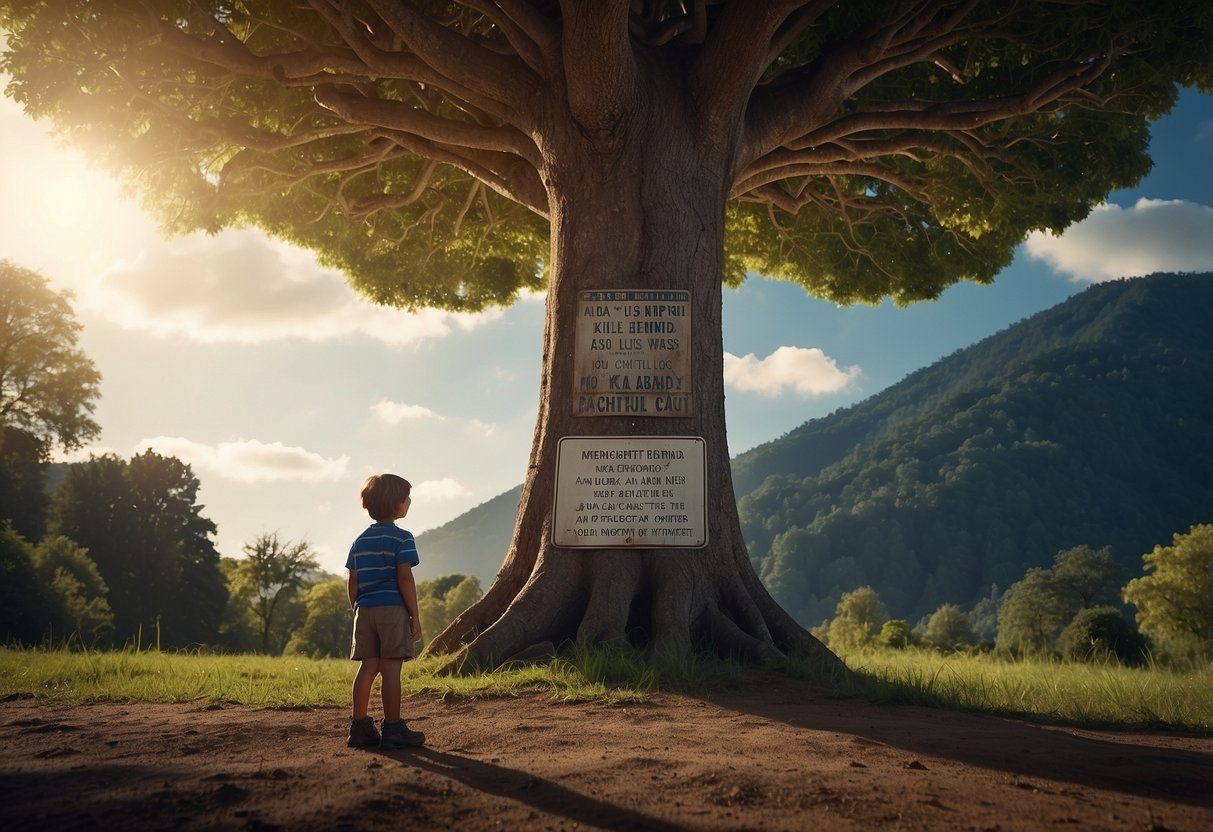 A child stands at the base of a tall tree, with a warning sign nearby. The tree's branches reach towards the sky, as the child looks up with curiosity and a sense of caution