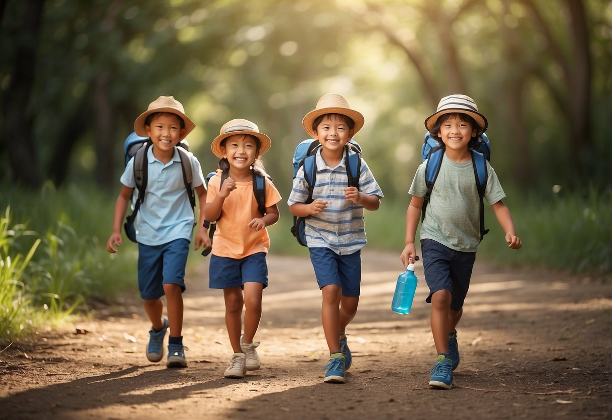 Children practicing outdoor safety tips: 1. Stay on designated trails 2. Wear sunscreen and hats 3. Stay hydrated 4. Look both ways before crossing streets 5. Stay with a buddy