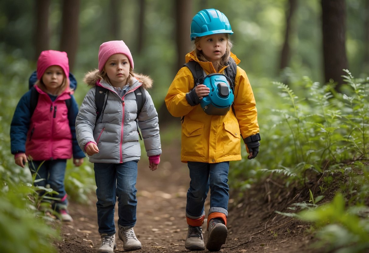 Children learn outdoor safety: 1. Stay on marked trails. 2. Carry a whistle. 3. Dress in layers. 4. Stay hydrated. 5. Identify poisonous plants. 6. Know emergency numbers. 7