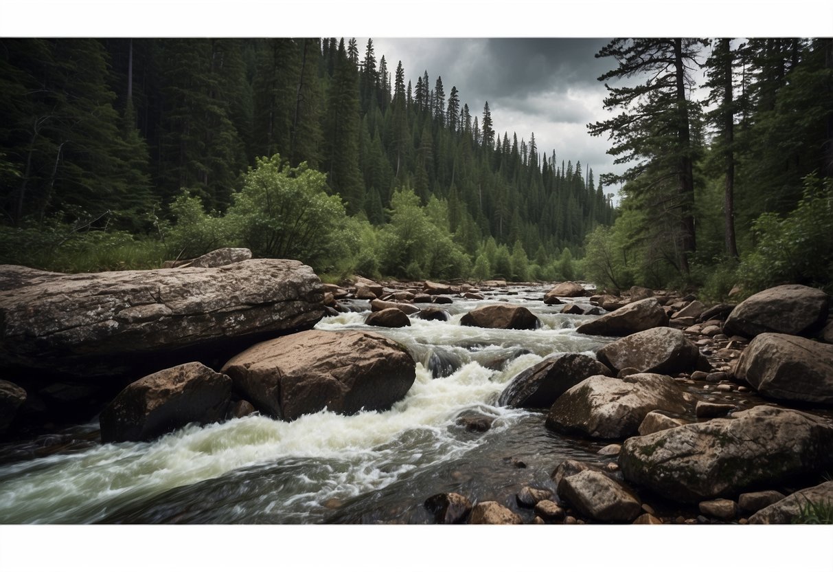 A rocky trail winds through a dense forest, with hidden tree roots and uneven terrain. Overhead, a storm brews, dark clouds looming. A rushing river cuts through the landscape, its waters swift and treacherous