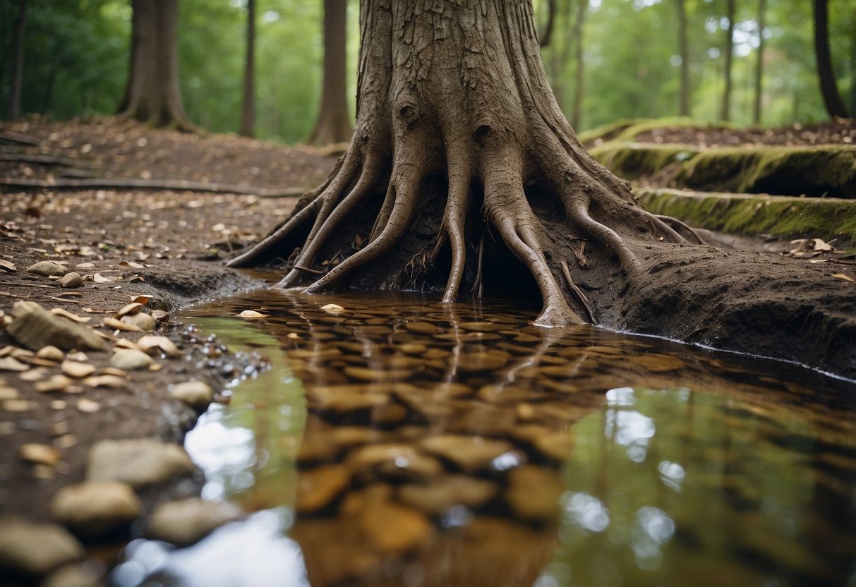 The ground cracks and shifts beneath a tree, a puddle of water hides a deep hole, and loose rocks tumble down a steep slope