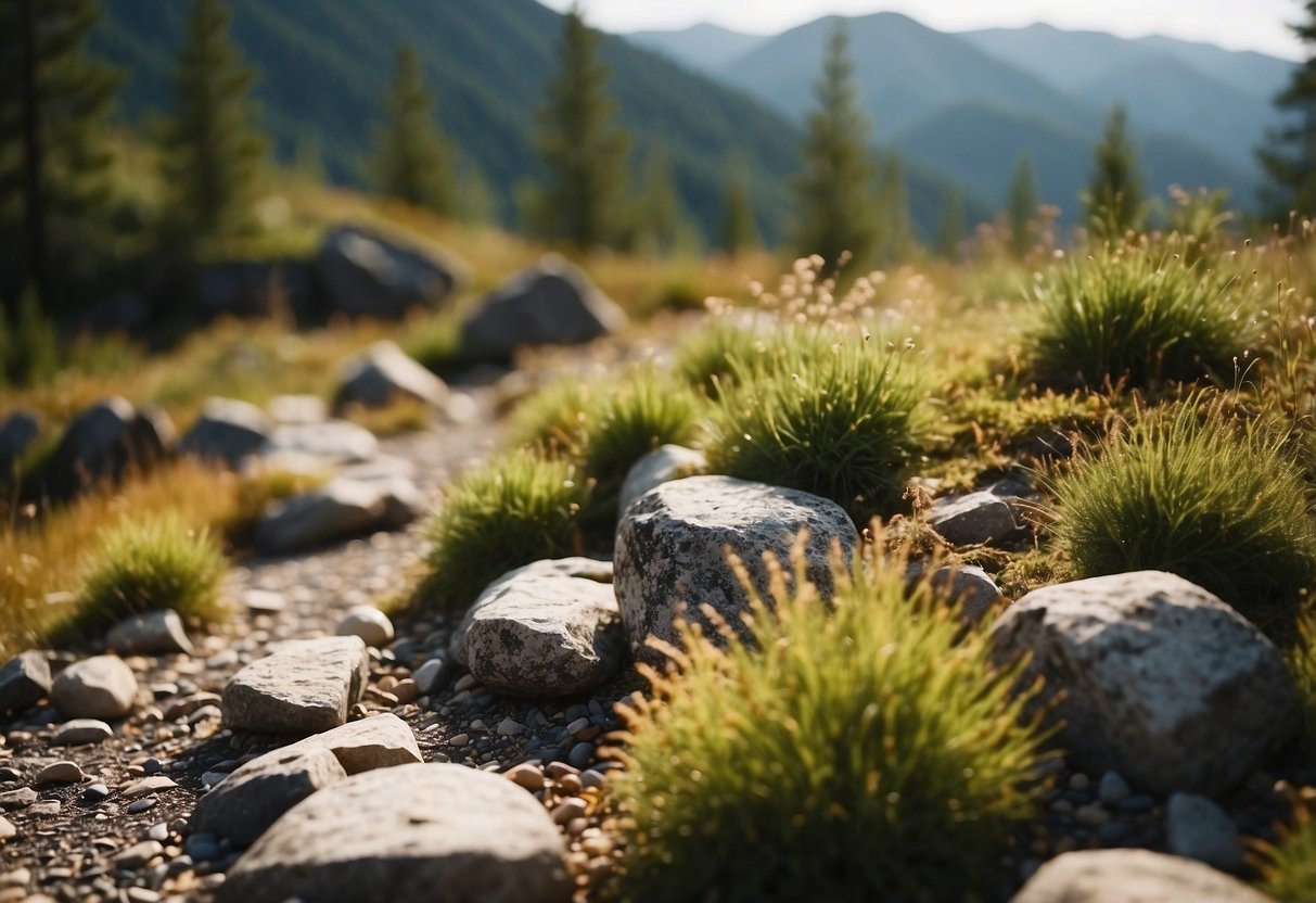 Rugged terrain with sharp rocks, scattered across a hiking trail. Vegetation and trees in the background