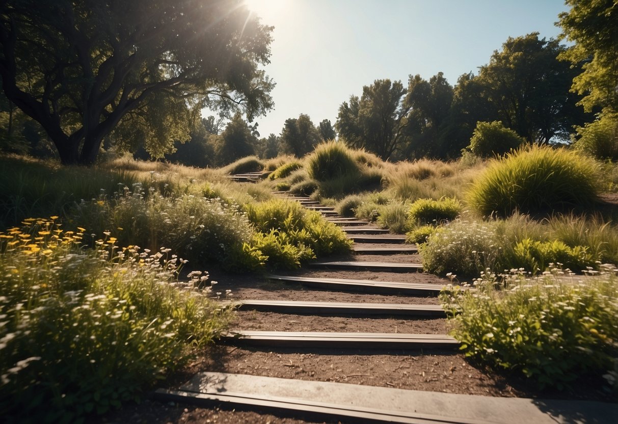 A sunny park with hidden hazards: uneven paths, overgrown shrubs, slippery surfaces, unmarked obstacles, and stray wildlife