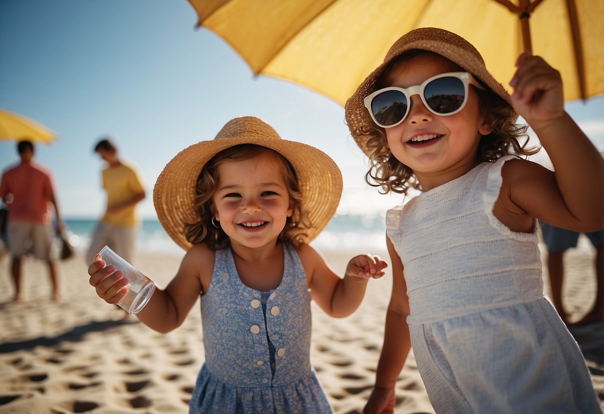 Children playing under a large umbrella at the beach, wearing wide-brimmed hats and sunglasses, while a parent applies sunscreen and provides water