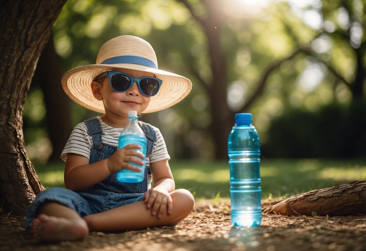 A child in lightweight, UV-protective clothing playing under a shady tree on a sunny day, with a wide-brimmed hat and sunglasses, and staying hydrated with a water bottle nearby