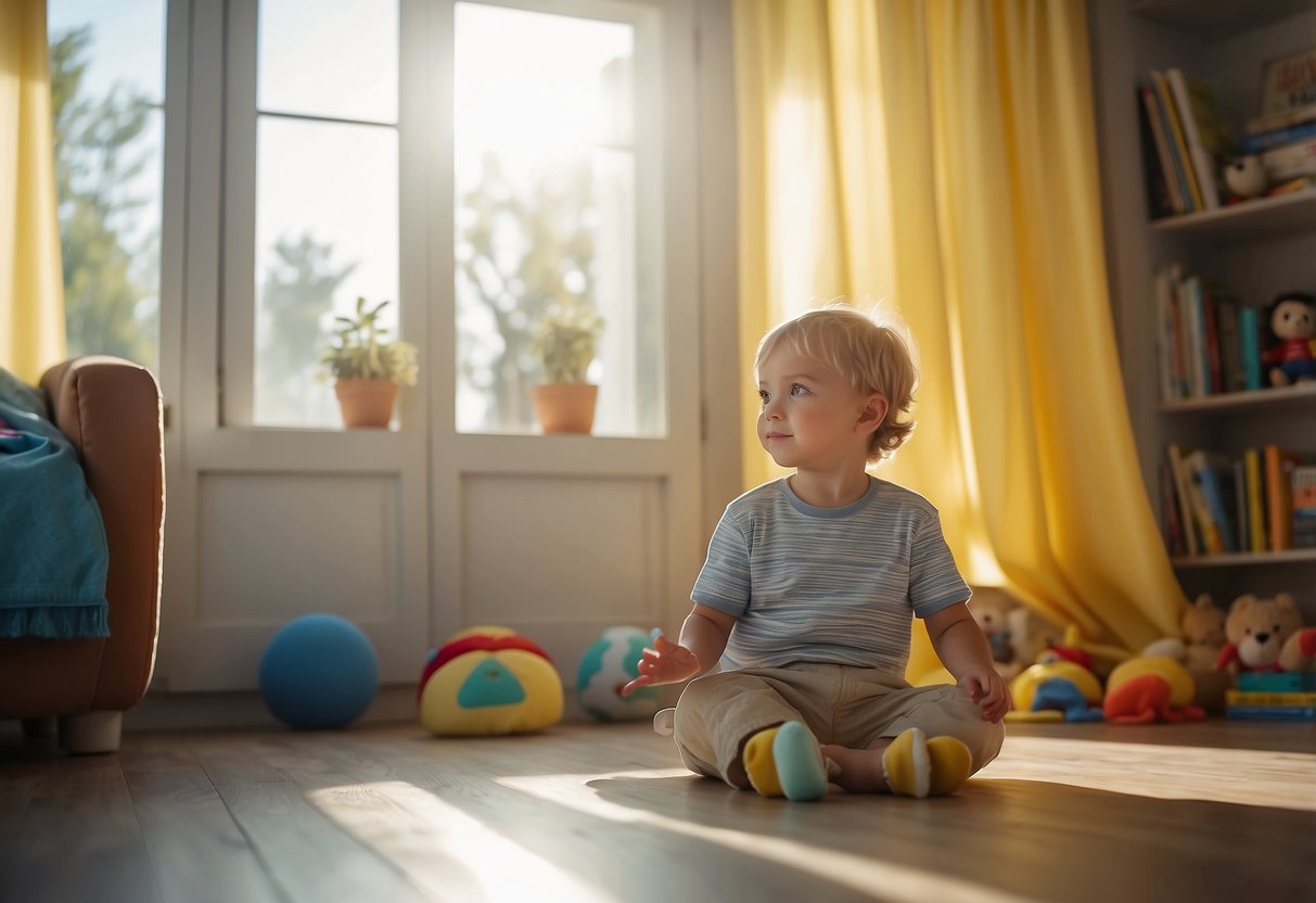 A bright, sunny room with closed curtains. A child playing indoors with toys and books. A fan or air conditioning keeping the room cool