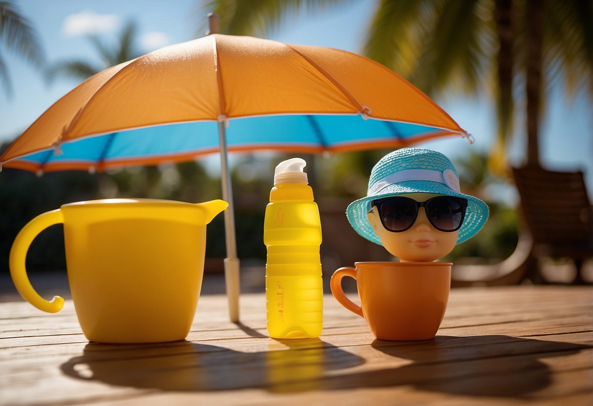 A child's water bottle next to a sunscreen bottle, with a sun hat and sunglasses nearby. A heat-resistant umbrella provides shade