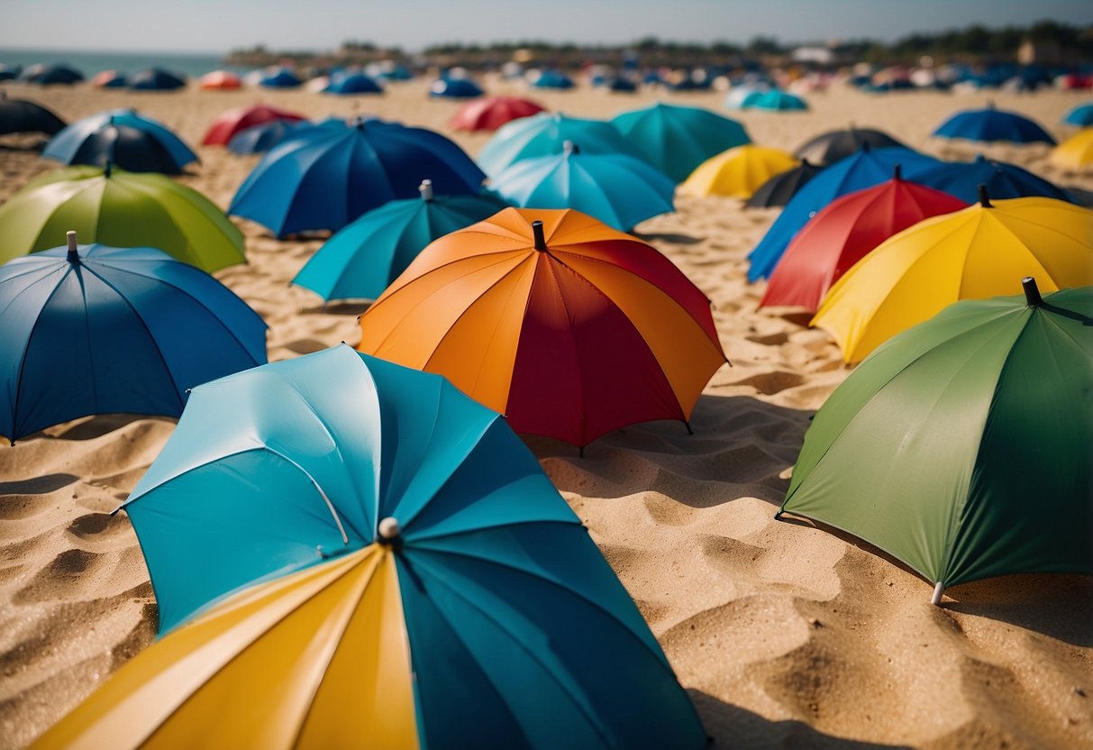 A group of sunshades and umbrellas providing extra protection from the sun's rays. Various sizes and colors scattered on a sandy beach or grassy area