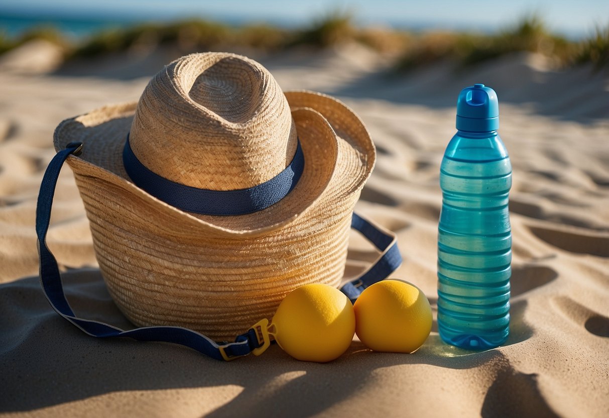 A child's beach bag with sunscreen, hat, and water bottle under a bright sun. Sand and waves in the background