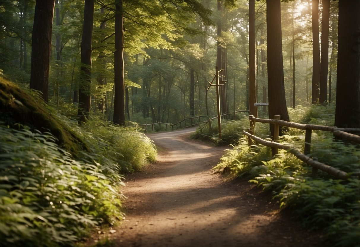 A winding forest trail with a signpost listing safety rules. Lush greenery and sunlight filtering through the trees. Clear path with a family-friendly atmosphere