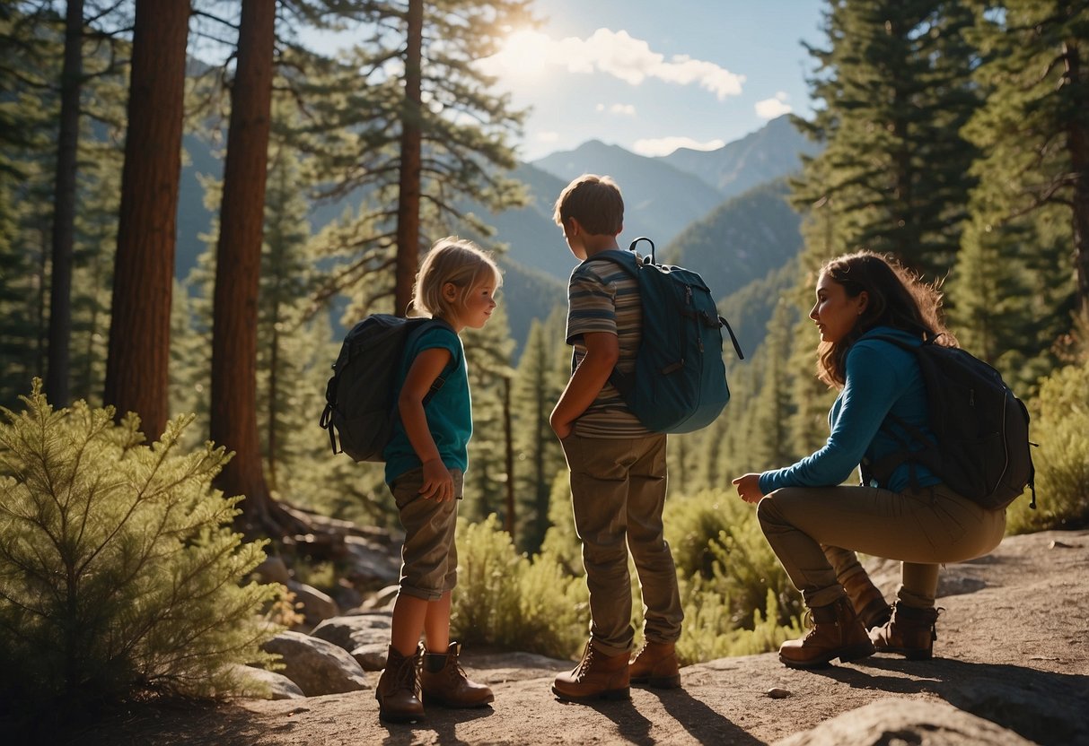 A family stands at the trailhead, lacing up hiking boots. Trees and mountains surround them, with a clear path leading into the wilderness