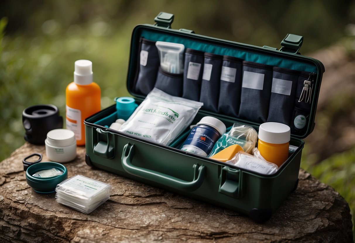 A first-aid kit is being packed with essential items for family hikes and nature walks