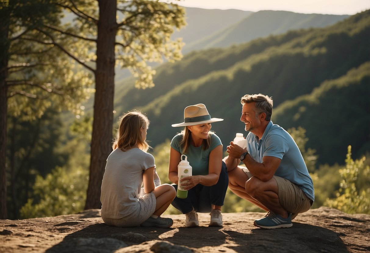 A family applies sunscreen before a hike. Trees and a trail are visible in the background