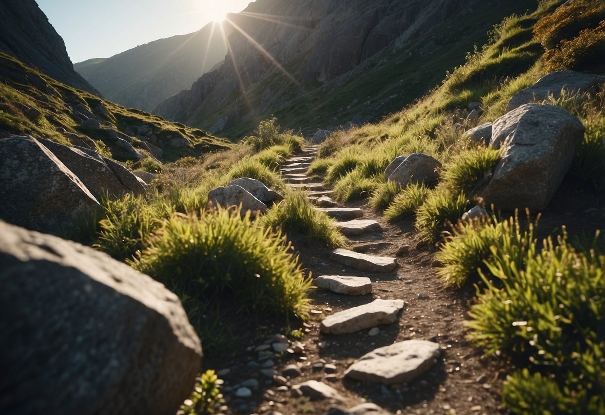 A trail winds through a rocky landscape, with warning signs and barriers around lush green plants. The sun shines down on the rugged terrain, creating a sense of adventure and caution