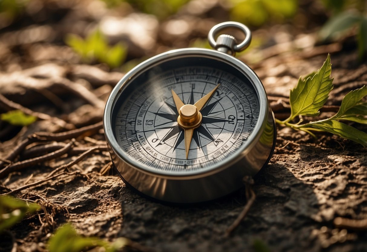 A map and compass lay on the ground surrounded by nature. The sun shines through the trees, casting shadows on the tools