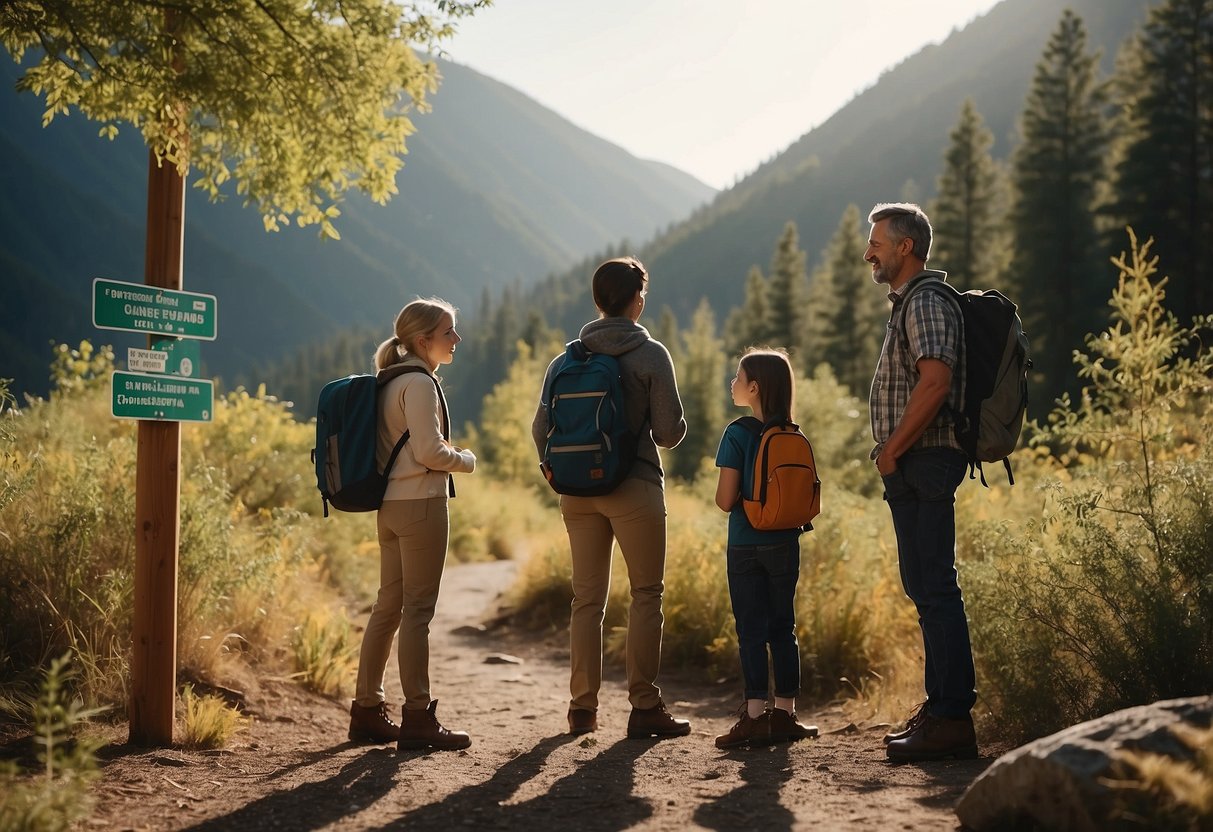 A family stands at a trailhead, discussing their hiking plans. Safety rules are posted on a sign nearby. Trees and wildlife surround them