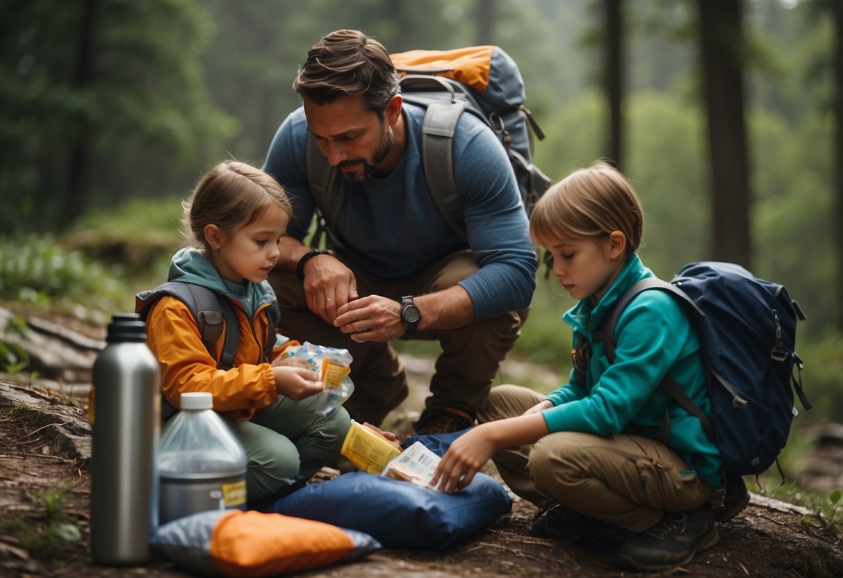 A family packs backpacks with water, snacks, and first aid kit. They check the weather and trail map before setting out on a hike