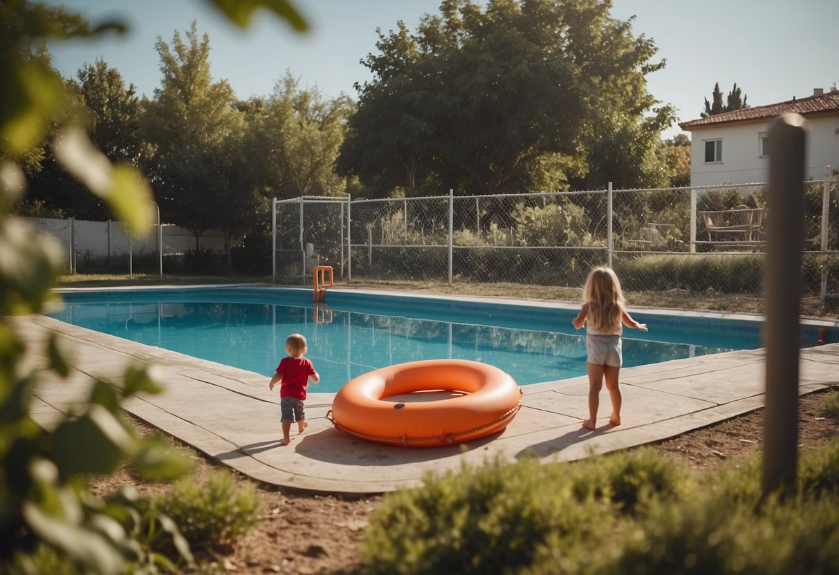 Children playing near a calm pool, with a fence and locked gate in the background. A lifebuoy and first aid kit are visible nearby