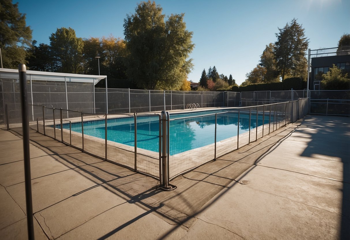 A pool with a securely fastened cover, surrounded by fencing and safety signs. No people or body parts visible