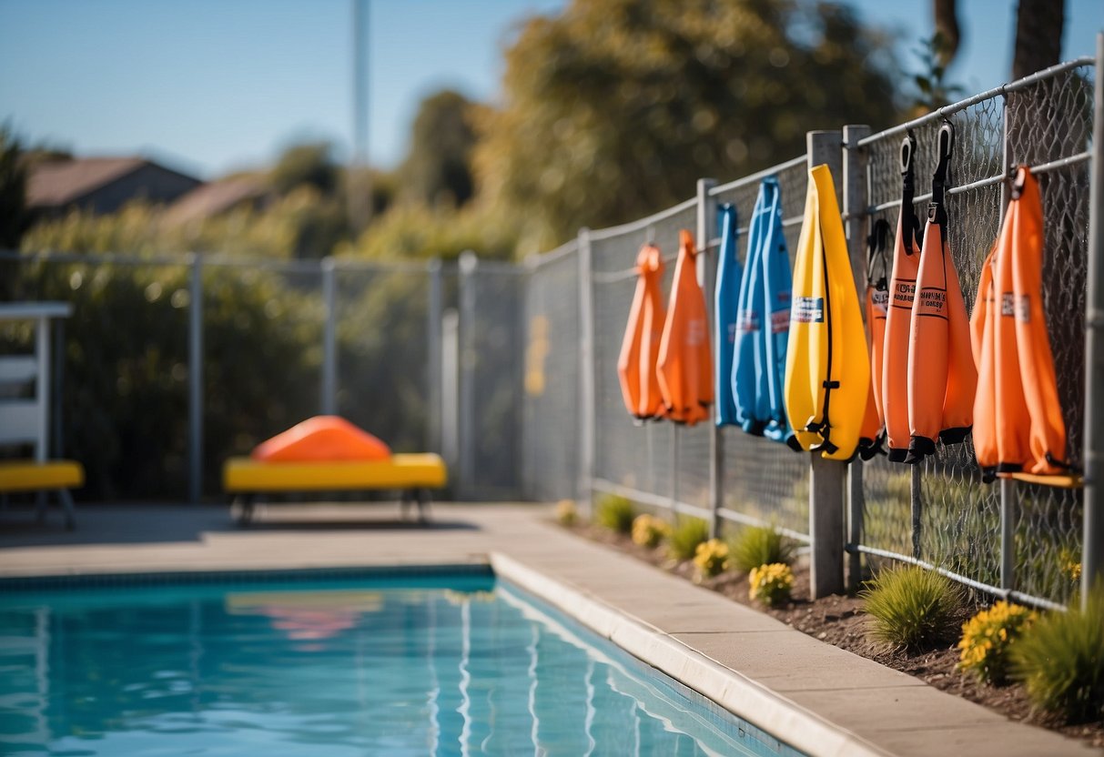 A child-friendly pool area with a secure fence, clear "no diving" signs, life jackets available, a designated adult supervisor, non-slip surfaces, and emergency equipment nearby