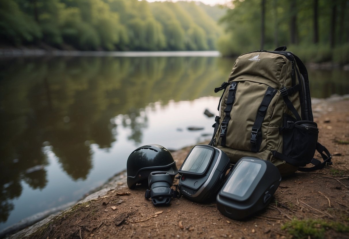 A backpack, helmet, knee pads, gloves, and reflective vest lay on the ground, surrounded by trees and a flowing river