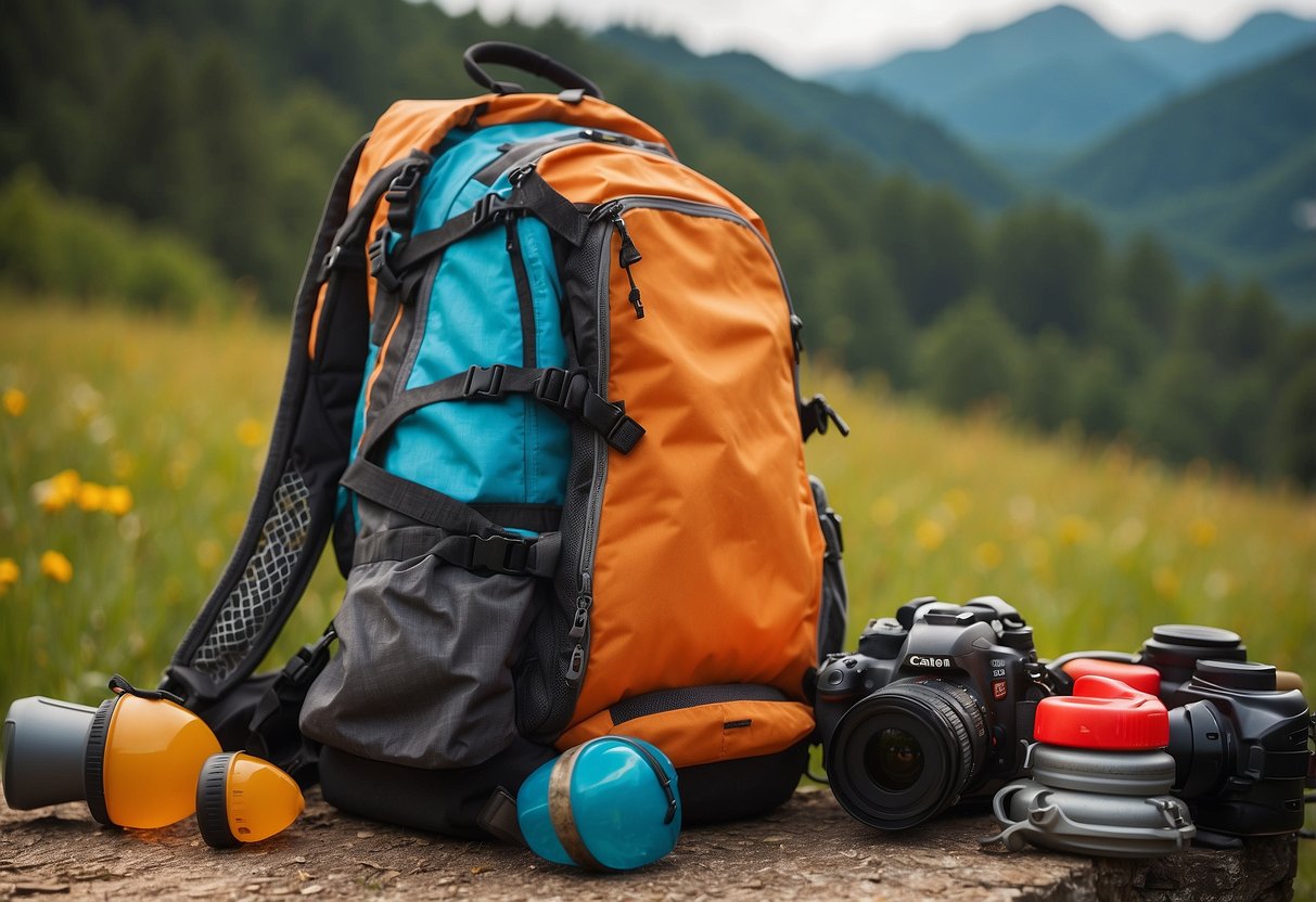 A colorful backpack surrounded by safety gear items like a helmet, knee pads, and reflective gear, set against a backdrop of nature and outdoor activities