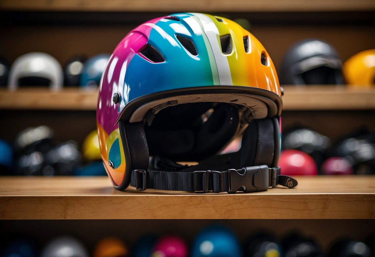 A colorful youth helmet sits on a shelf next to other outdoor safety gear items. The helmet has a sleek design with adjustable straps and ventilation holes