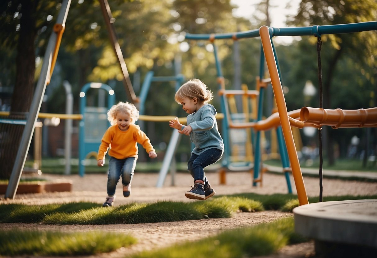 Children playing on a safe, well-maintained playground with soft ground cover, clear pathways, sturdy equipment, and posted safety rules