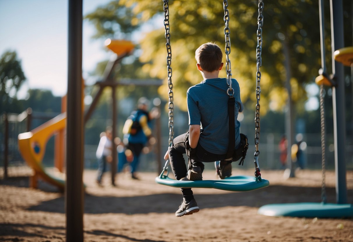 Inspecting playground equipment: a person checking swings, slides, and climbing structures for safety. A checklist and tools are nearby